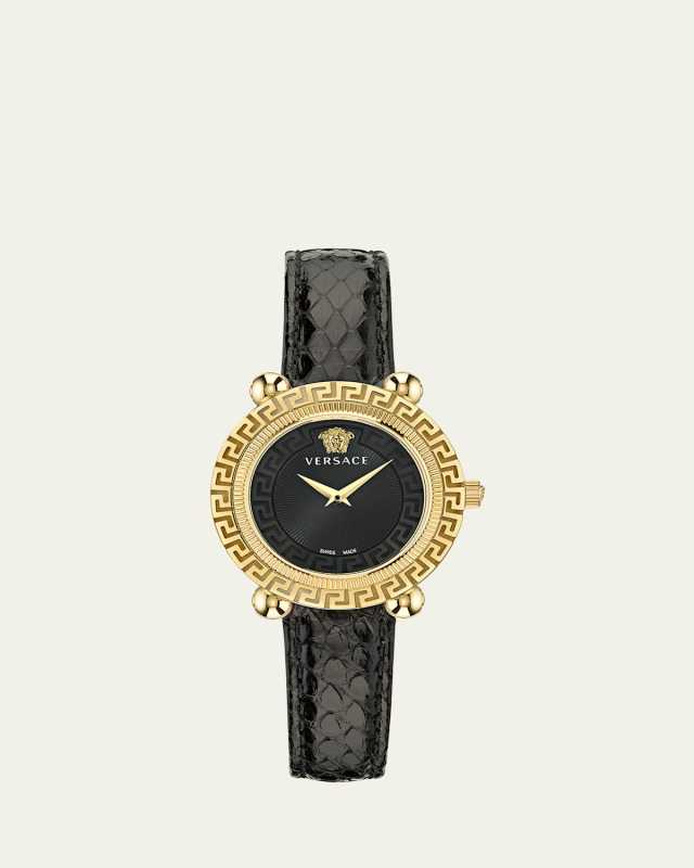 35mm Greca Twist Watch with Leather Strap, Yellow Gold/Black